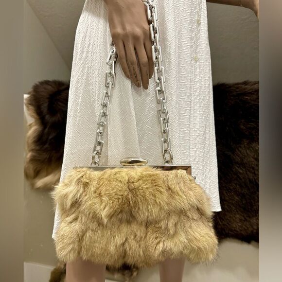 Natural Genuine Fox Fur Handmade Push Lock Clutch/Shoulder Bag/Crossbody - Picture 5 of 16